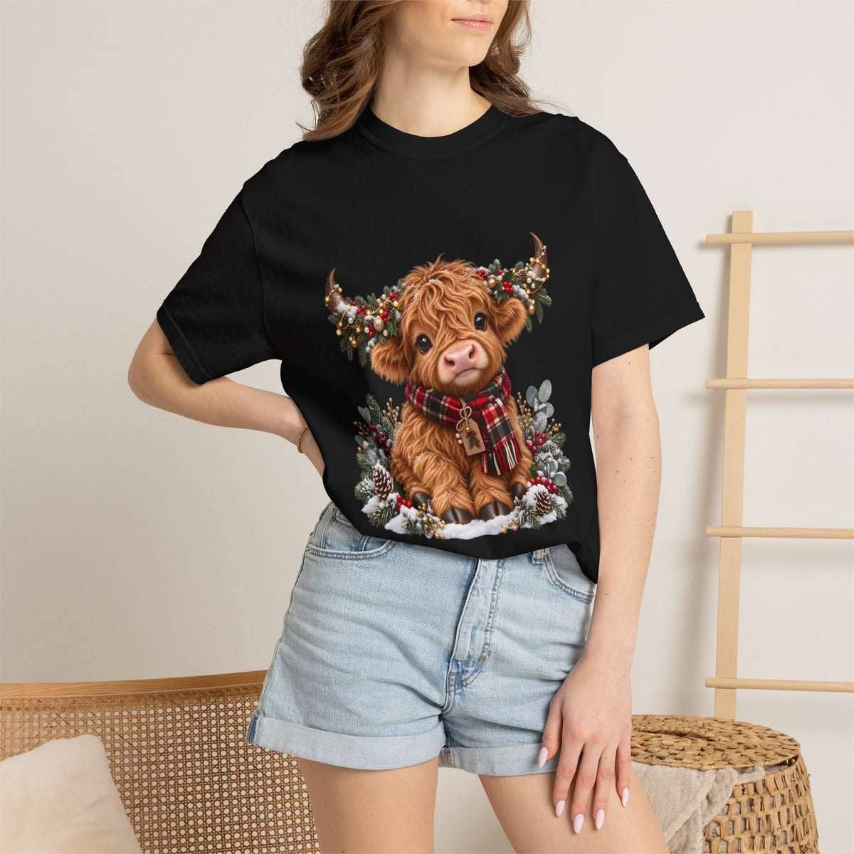Comfort Colors® Cute Highland Cow Christmas T-Shirt, Festive Cow Lover Gift, Winter Farm Lover Gift, Christmas Farm Animal Gift