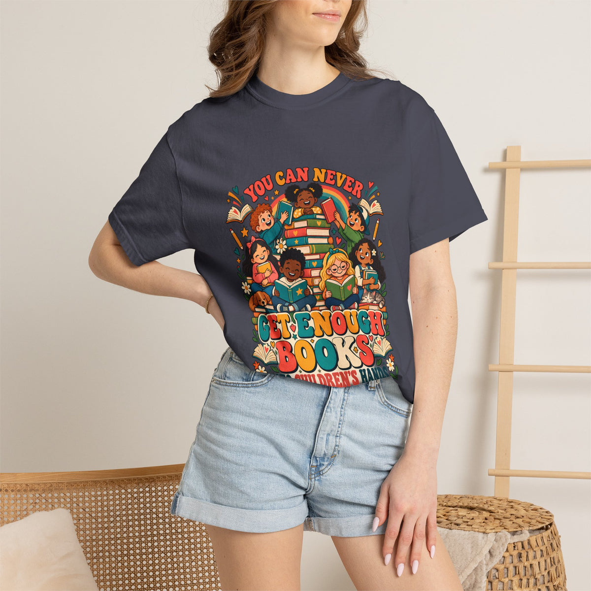 Comfort Colors® You Can Never Get Enough Books Into Children's Hands T-Shirt, Reading Teacher Gift, Literacy Advocate Kids Books Graphic Tee