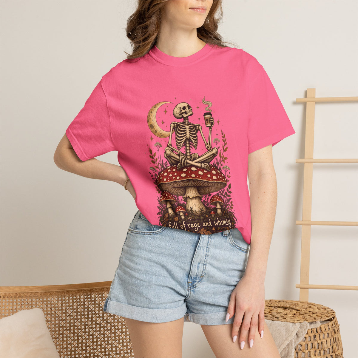 Comfort Colors® Full of Rage and Whimsy T-Shirt, Funny Skeleton Coffee Lover Gift, Cottagecore Mushroom Gothic Shirt, Dark Academia Shirt