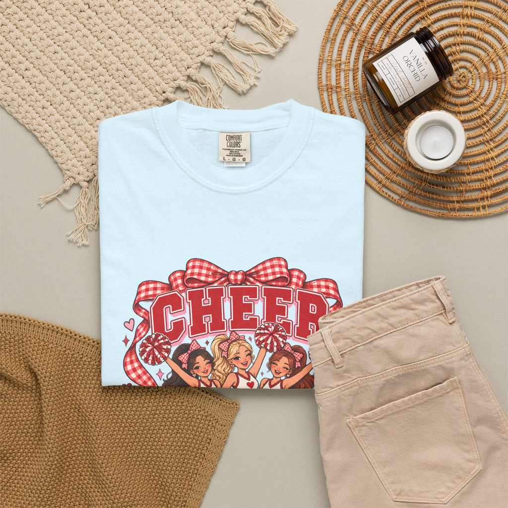 Comfort Colors® Cheer Squad T-Shirt, Red Gingham Bow Cheerleader Gift, Cute Cheer Team Spirit Graphic Tee, Cheerleading Girls Coach Gift