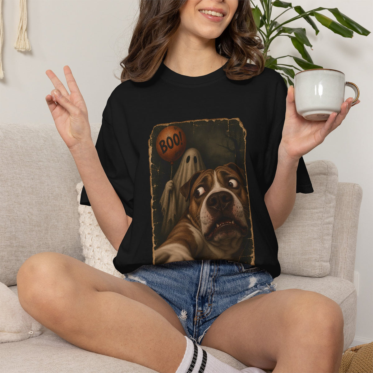 Comfort Colors® Boo Ghost Dog T-Shirt, Funny Halloween Bulldog Lover Gift, Scared Dog Spooky Season Gift, Vintage Pet Selfie Graphic Tee