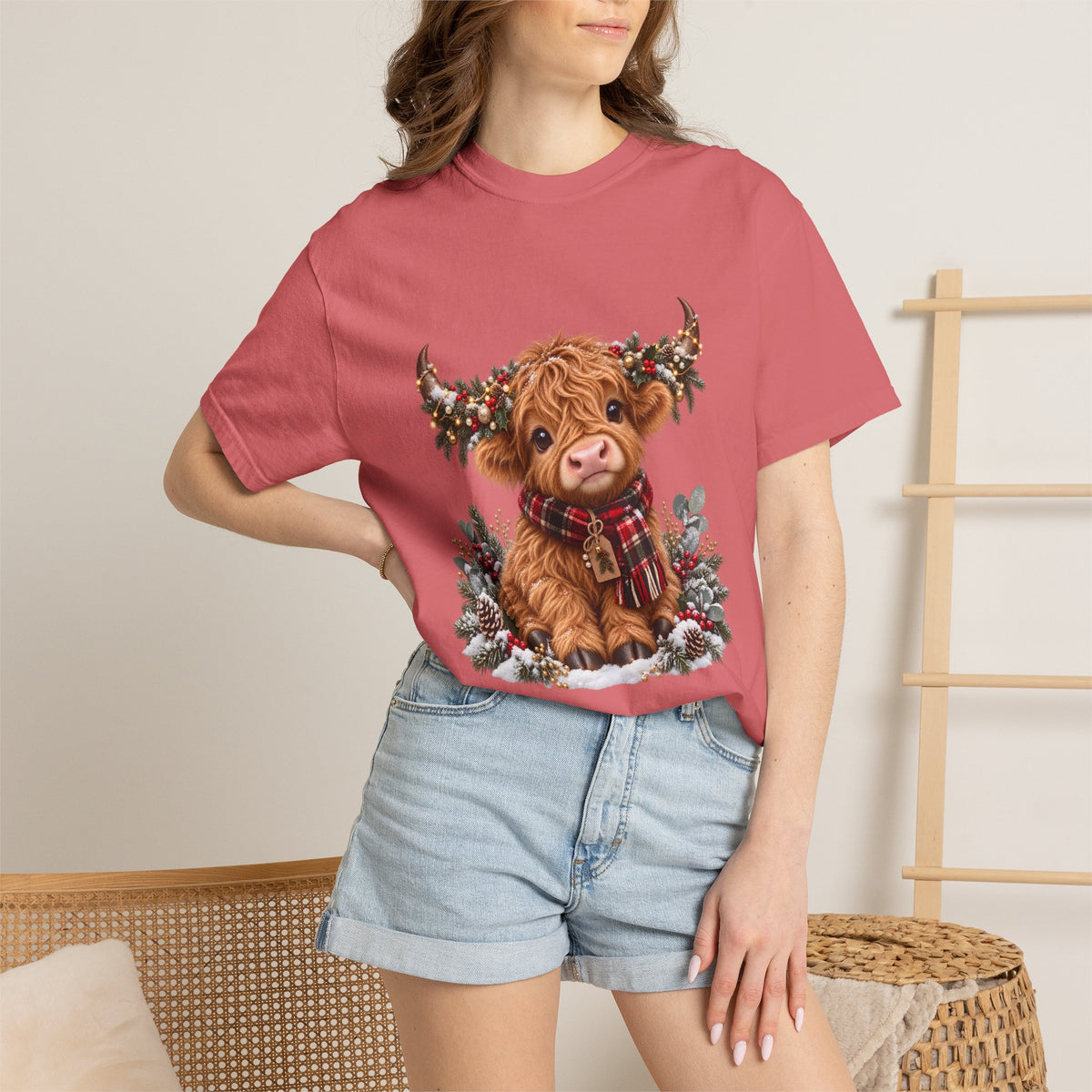 Comfort Colors® Cute Highland Cow Christmas T-Shirt, Festive Cow Lover Gift, Winter Farm Lover Gift, Christmas Farm Animal Gift