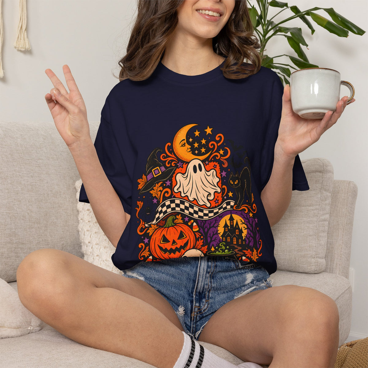 Comfort Colors® Vintage Halloween Shirt, Black Cat Skull Graphic Tee, Spooky Season Sweatshirt, Retro Halloween Season Gift