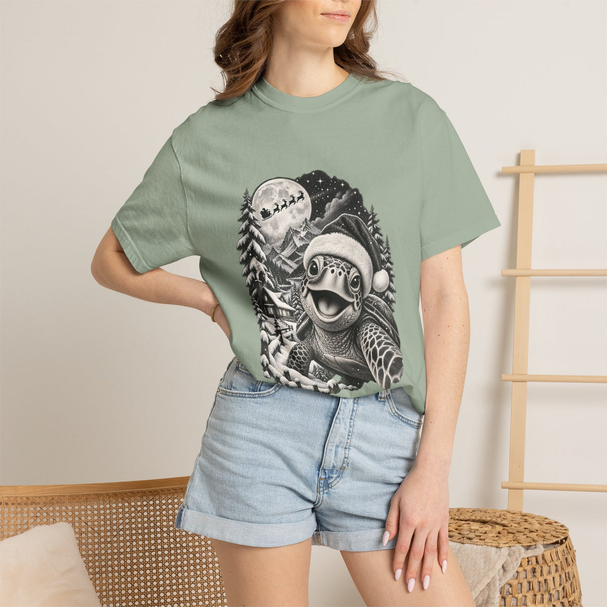 Comfort Colors® Christmas Turtle T-Shirt, Cute Sea Turtle Lover Gift, Funny Santa Hat Turtle Christmas Gift, Winter Ocean Animal Graphic Tee