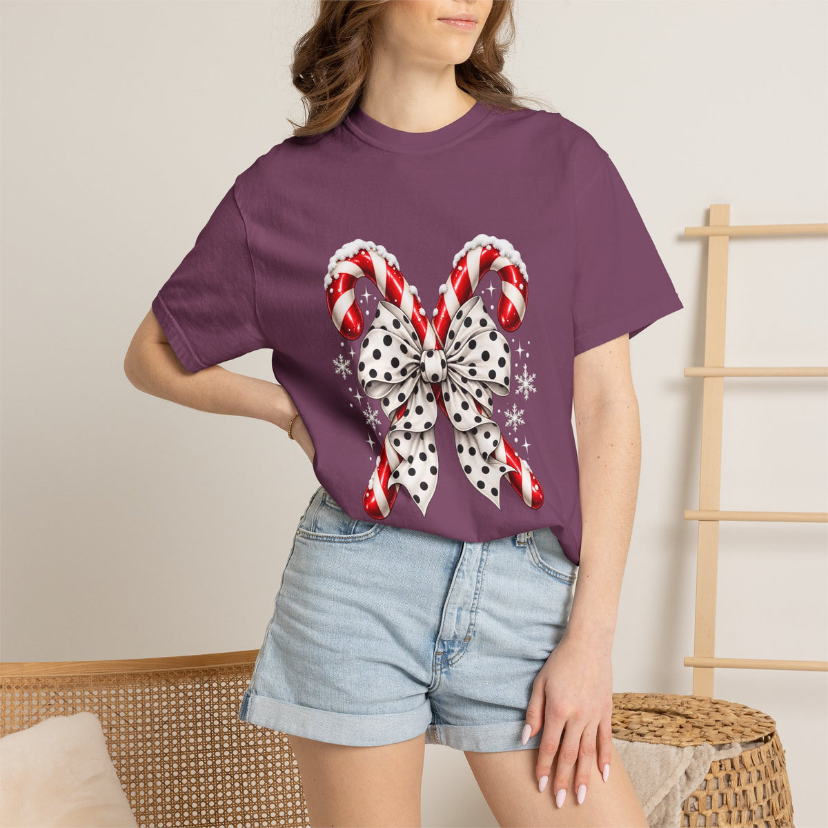 Comfort Colors® Candy Cane Bow T-Shirt, Coquette Christmas Lover Gift, Candy Cane Coquette Shirt, Cute Festive Candy Cane Gift for Her