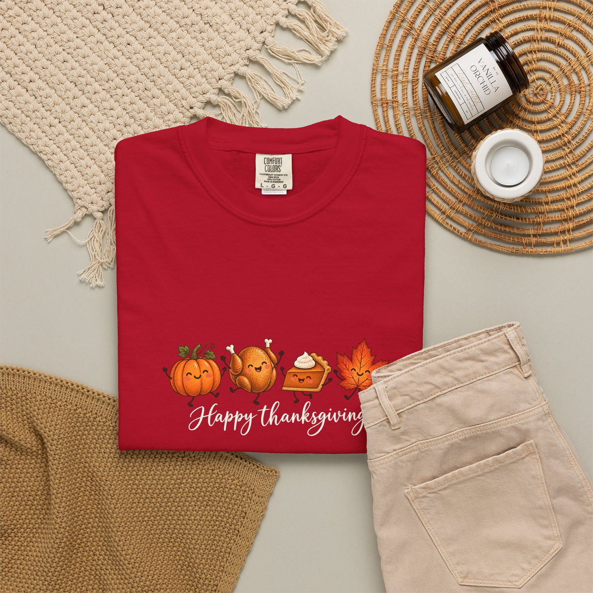 Comfort Colors® Happy Thanksgiving T-Shirt, Cute Turkey Pumpkin Lover Gift, Kawaii Fall Food Gift, Autumn Family Dinner Graphic Tee