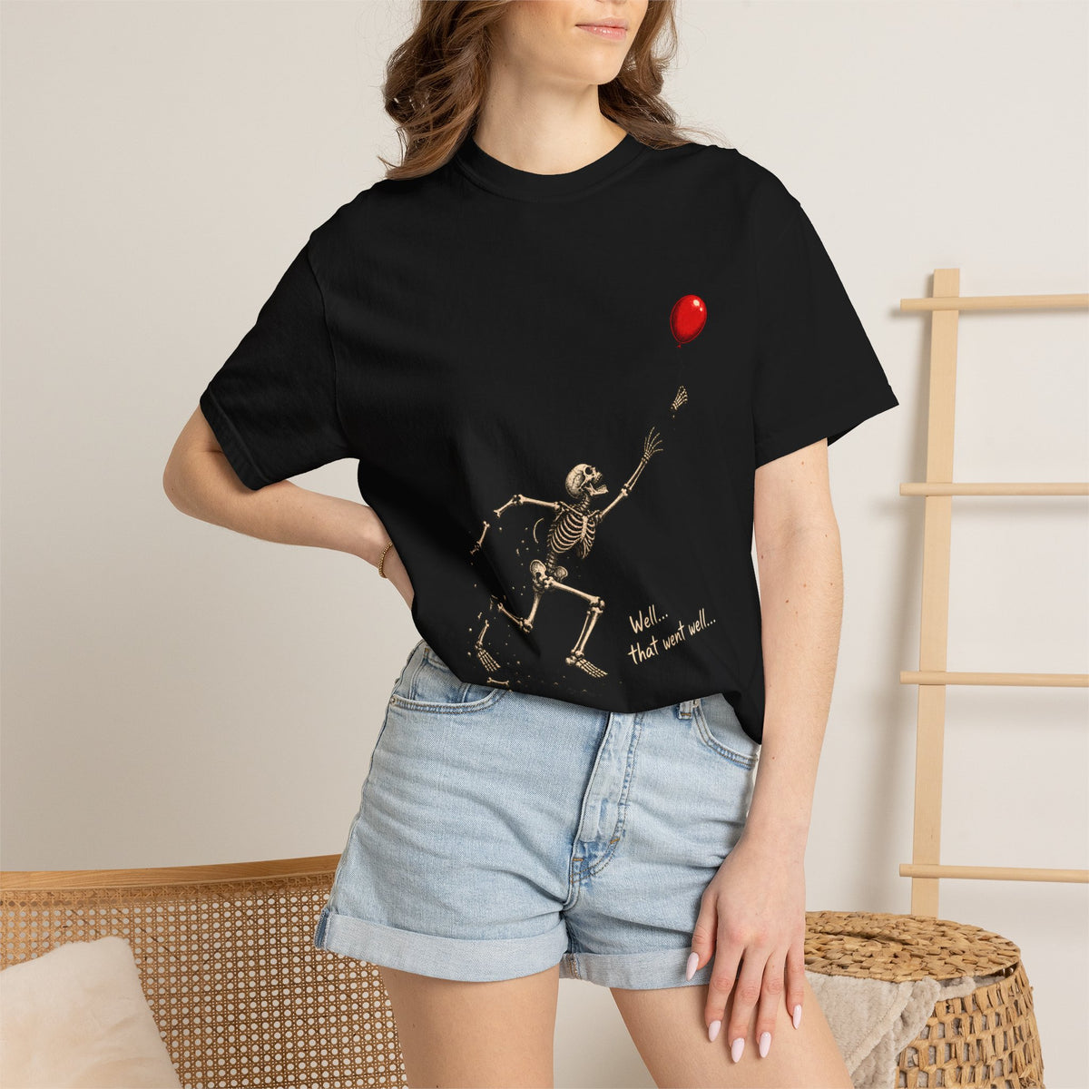 Comfort Colors® Well That Went Well T-Shirt, Funny Skeleton Halloween Gift, Red Balloon Dark Humor Gift, Vintage Spooky Skeleton Graphic Tee