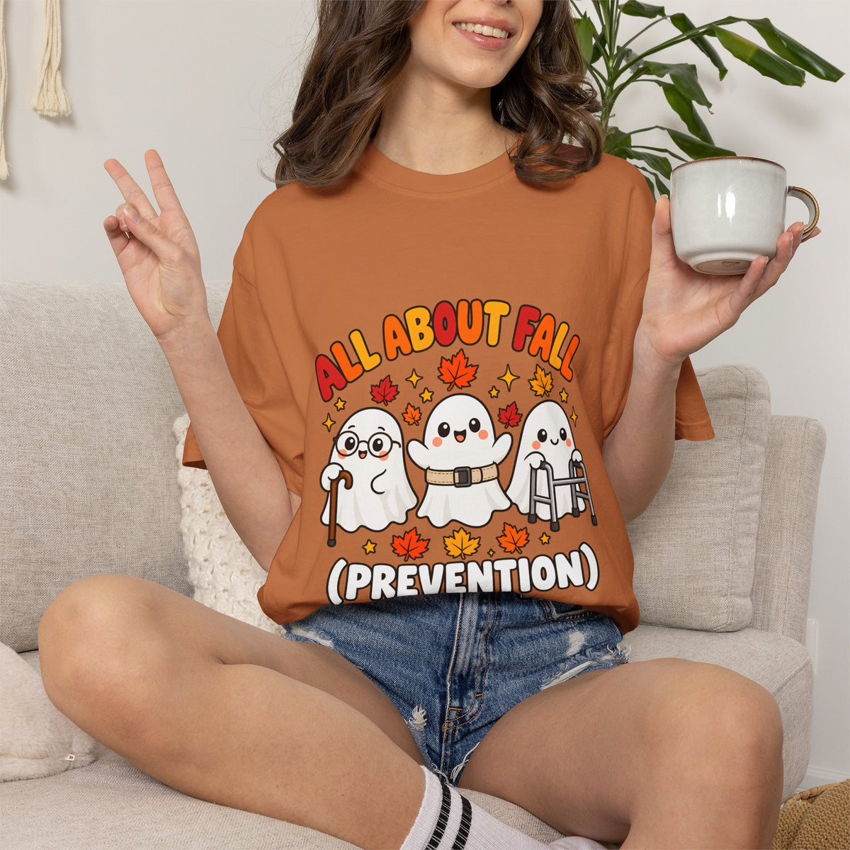 Comfort Colors® All About Fall Prevention T-Shirt, Funny Physical Therapist Gift, Occupational Therapy Humor Gift, Cute Autumn Ghost