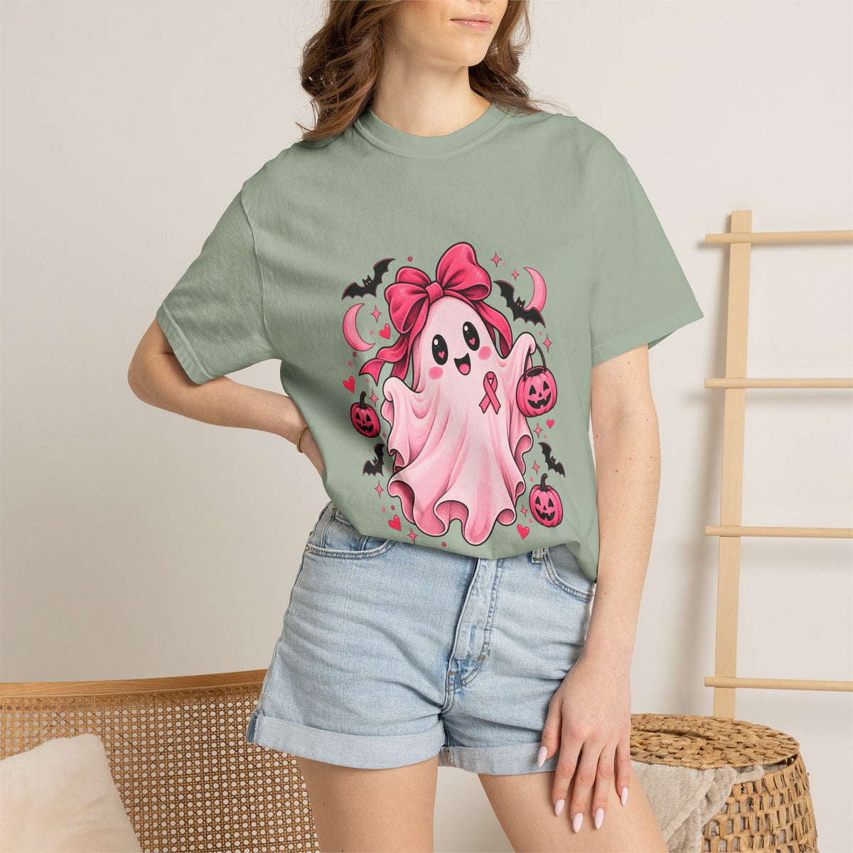Comfort Colors® Pink Ribbon Ghost T-Shirt, Breast Cancer Awareness Halloween Gift, Cute Spooky Survivor Support Shirt, Pink October Shirt