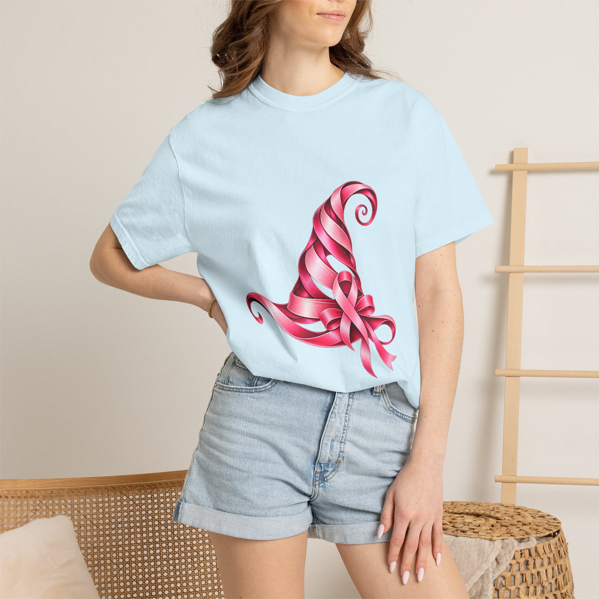 Comfort Colors® Pink Ribbon Witch Hat T-Shirt, Breast Cancer Awareness Gift, Halloween Survivor Support Tee, Pink October Witchy Shirt