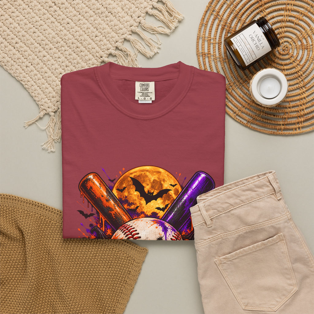 T-shirt de baseball Halloween Comfort Colors®, cadeau de joueur de baseball effrayant, t-shirt graphique pour amateur de baseball citrouille, t-shirt de fan de sport pour Halloween