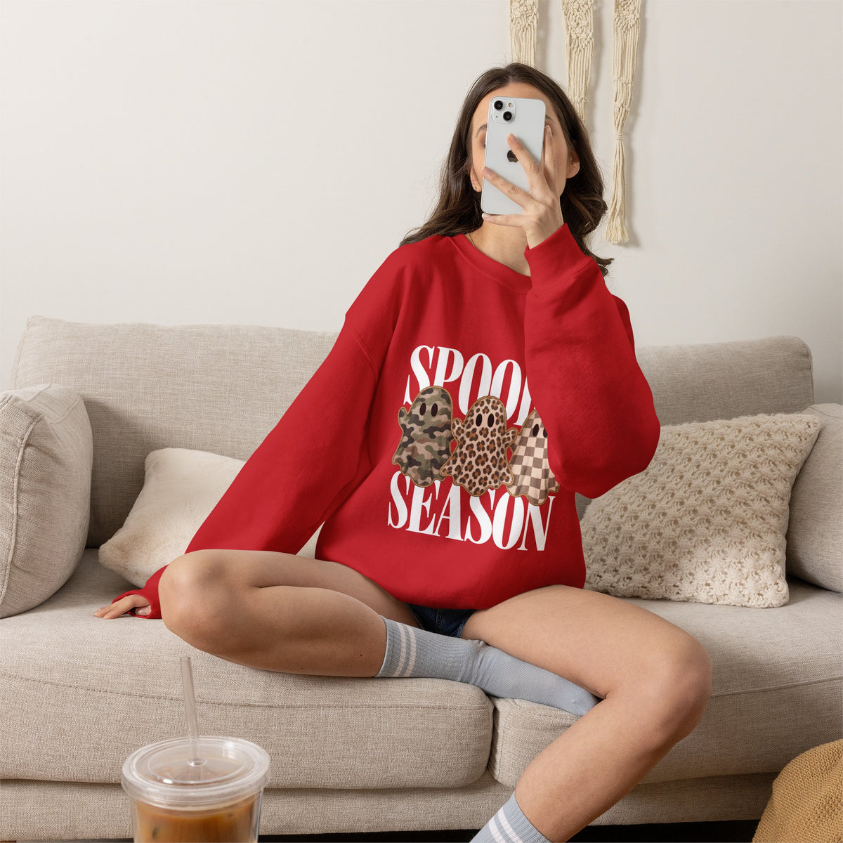 Sweat-shirt « Spooky Season », cadeau d'Halloween fantôme léopard camouflage, sweat-shirt à motif fantôme à carreaux neutres, cadeau pour amateur d'automne effrayant