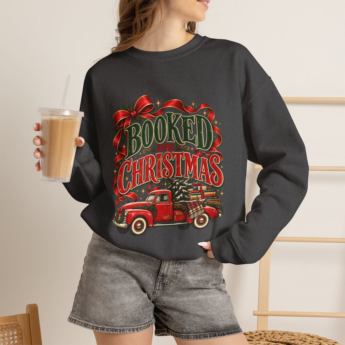 Booked for Christmas Sweatshirt, Book Lover Holiday Gift, Vintage Christmas Truck Graphic Sweatshirt, Cozy Reader Christmas Gift for Her