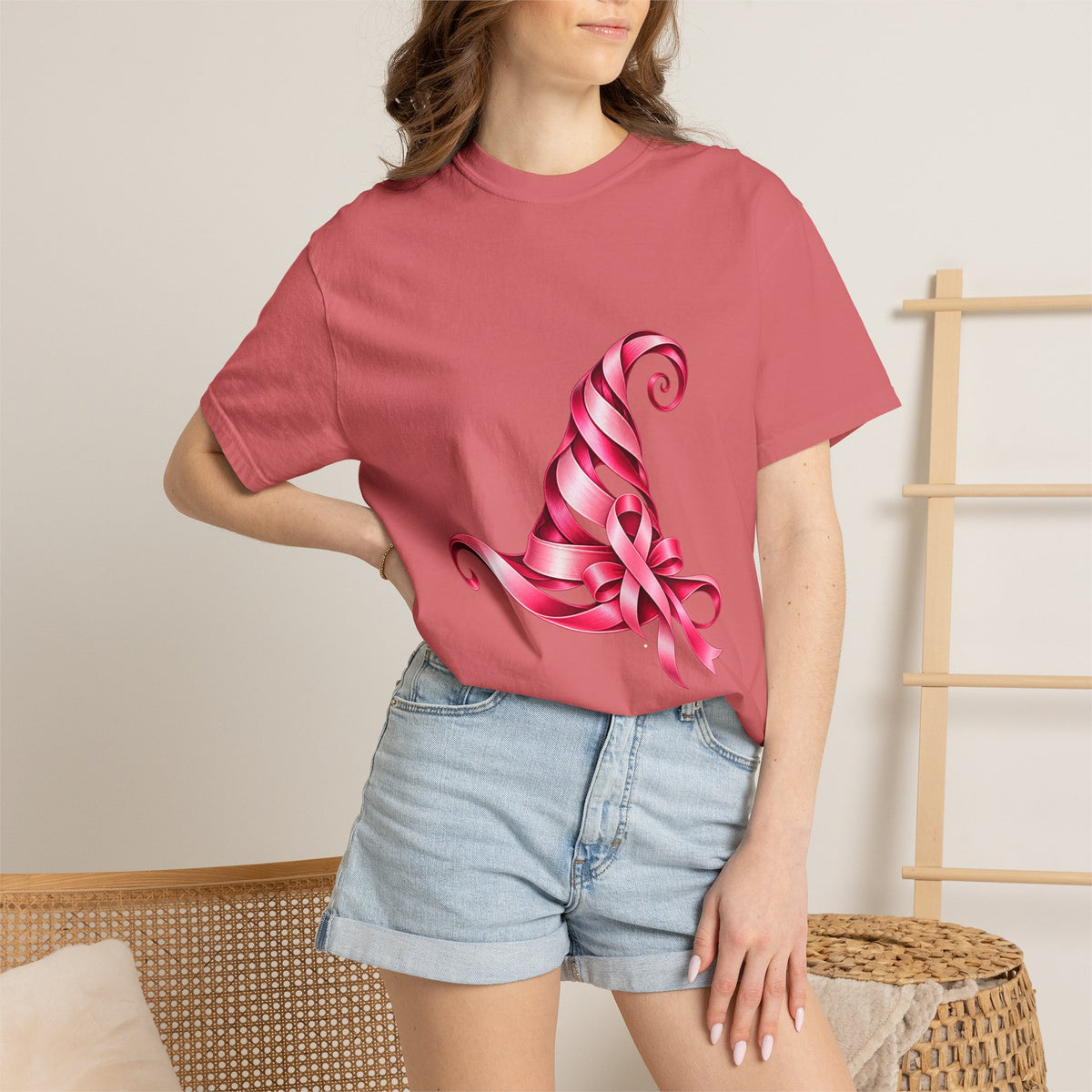 Comfort Colors® Pink Ribbon Witch Hat T-Shirt, Breast Cancer Awareness Gift, Halloween Survivor Support Tee, Pink October Witchy Shirt