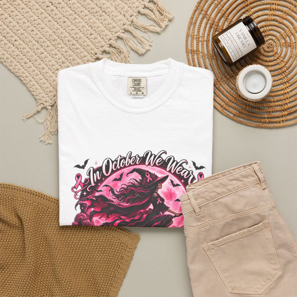 Comfort Colors® In October We Wear Pink T-Shirt, Breast Cancer Awareness Witch Gift, Pink Ribbon Halloween, Spooky Survivor Support Shirt