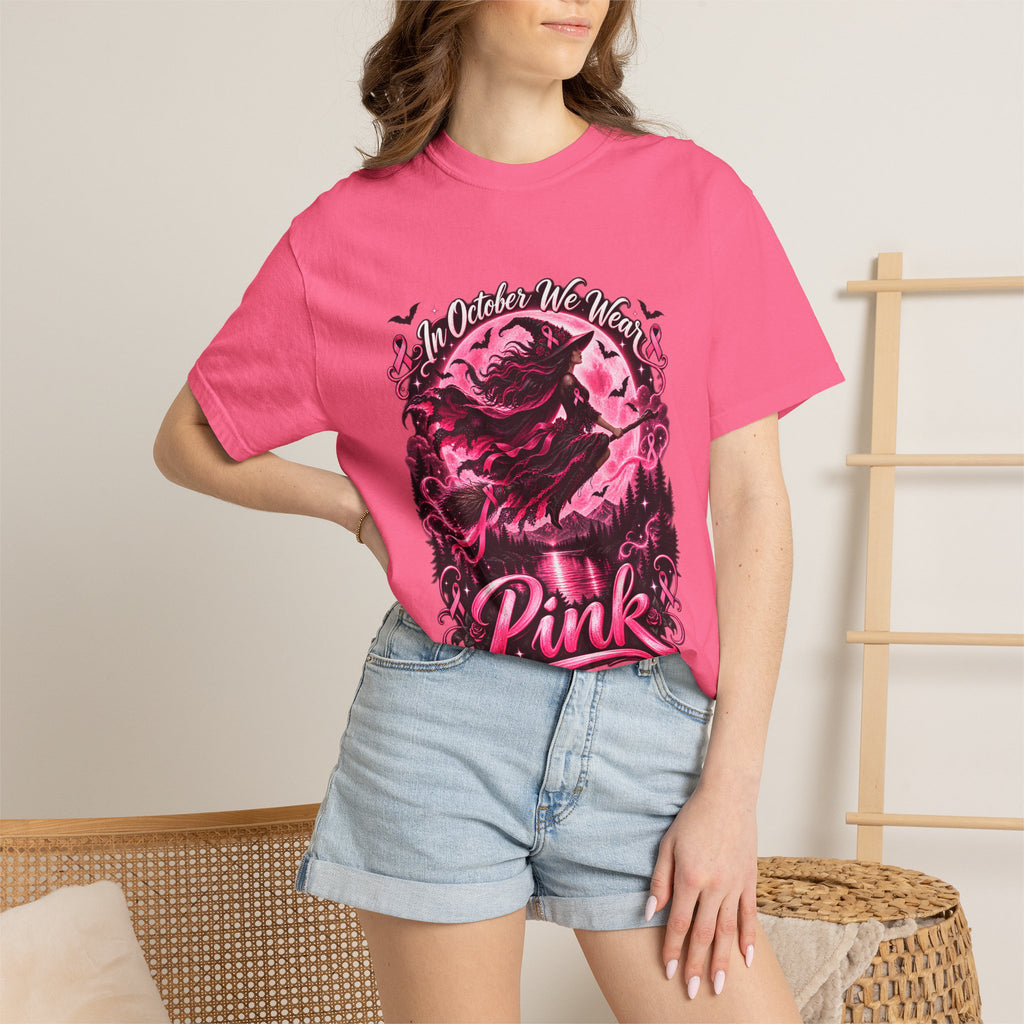 Comfort Colors® In October We Wear Pink T-Shirt, Breast Cancer Awareness Witch Gift, Pink Ribbon Halloween, Spooky Survivor Support Shirt