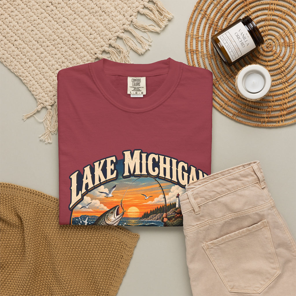 Comfort Colors® Lake Michigan Fishing T-Shirt, Great Lakes Angler Gift, Trout Fisherman Sunset Graphic Tee, Michigan Fishing Lover Shirt