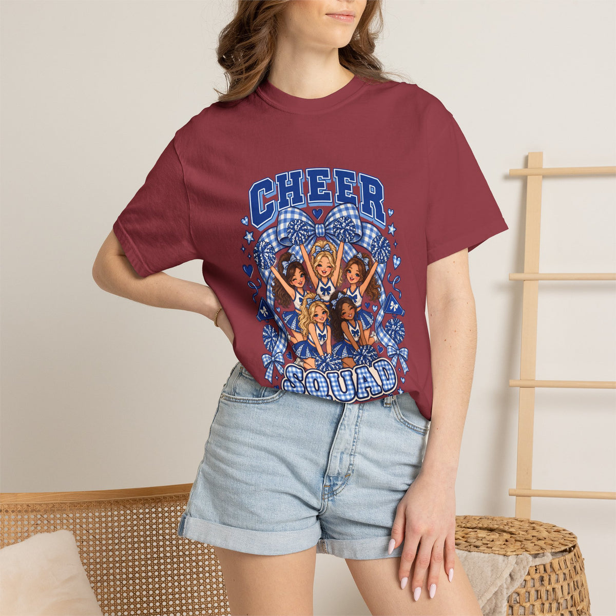 Comfort Colors® Cheer Squad T-Shirt, Blue Gingham Cheerleader Gift, Cheer Team Spirit Graphic Tee, Cute Cheerleading Girls Coach Gift