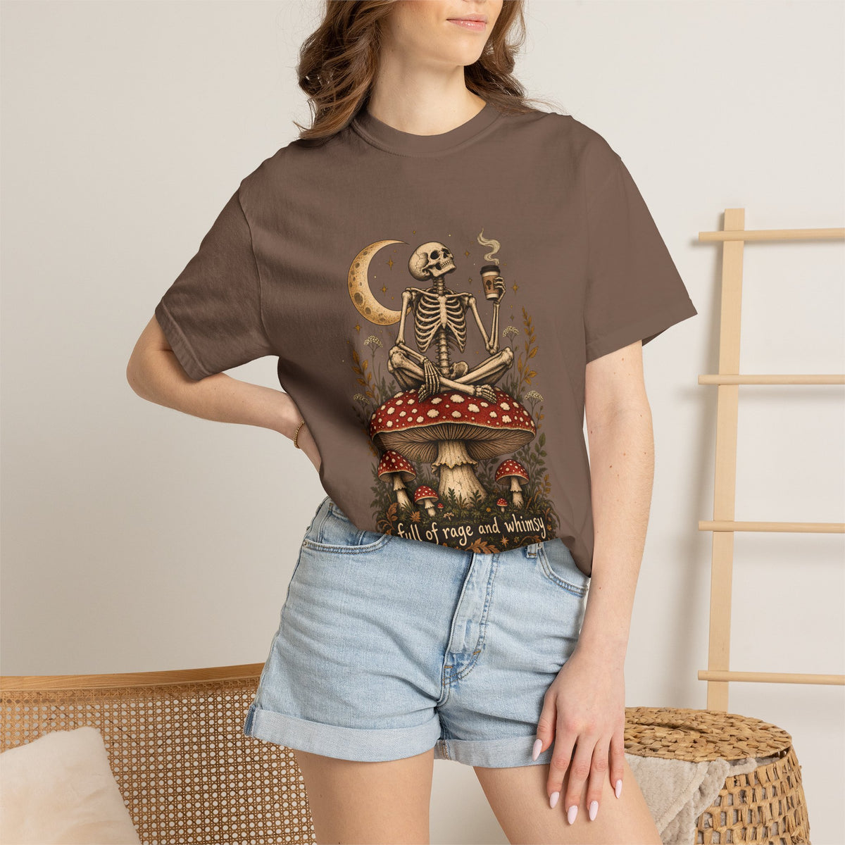 Comfort Colors® Full of Rage and Whimsy T-Shirt, Funny Skeleton Coffee Lover Gift, Cottagecore Mushroom Gothic Shirt, Dark Academia Shirt