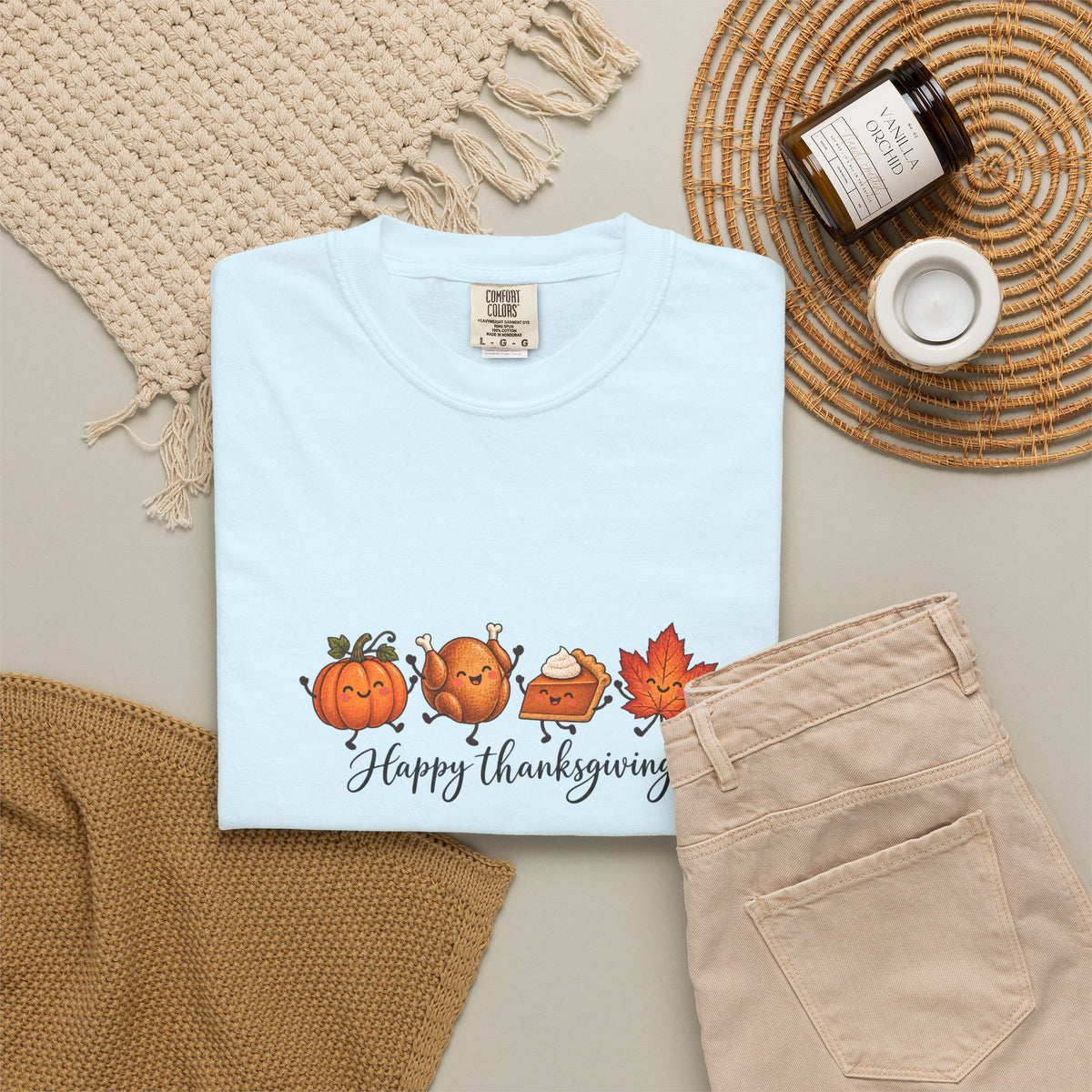 Comfort Colors® Happy Thanksgiving T-Shirt, Cute Turkey Pumpkin Lover Gift, Kawaii Fall Food Gift, Autumn Family Dinner Graphic Tee