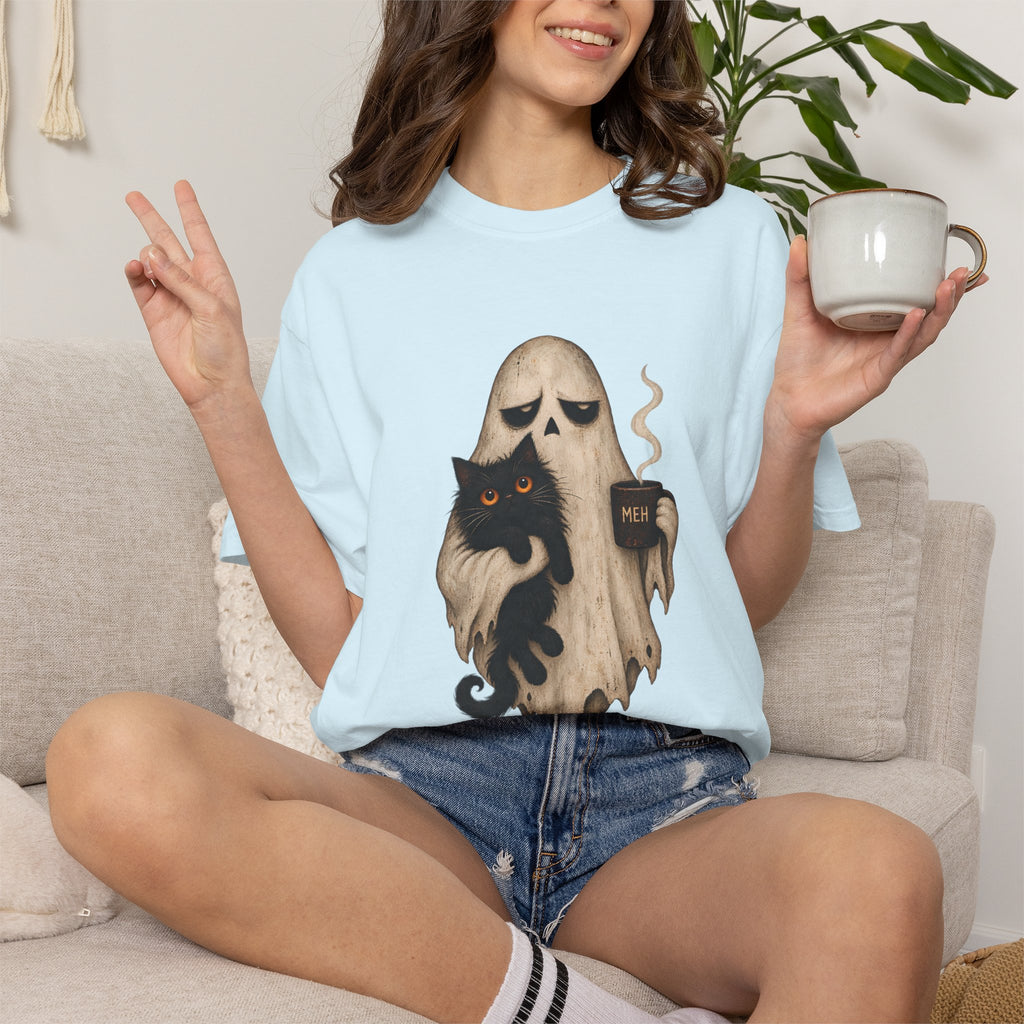 Comfort Colors® Meh Ghost Cat Coffee T-Shirt, Funny Halloween Cat Lover Gift, Sarcastic Spooky Coffee Gift, Grumpy Ghost Graphic Tee