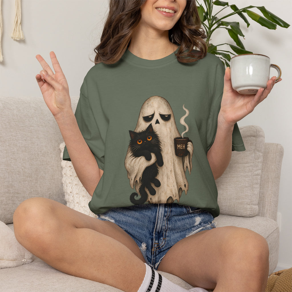 Comfort Colors® Meh Ghost Cat Coffee T-Shirt, Funny Halloween Cat Lover Gift, Sarcastic Spooky Coffee Gift, Grumpy Ghost Graphic Tee