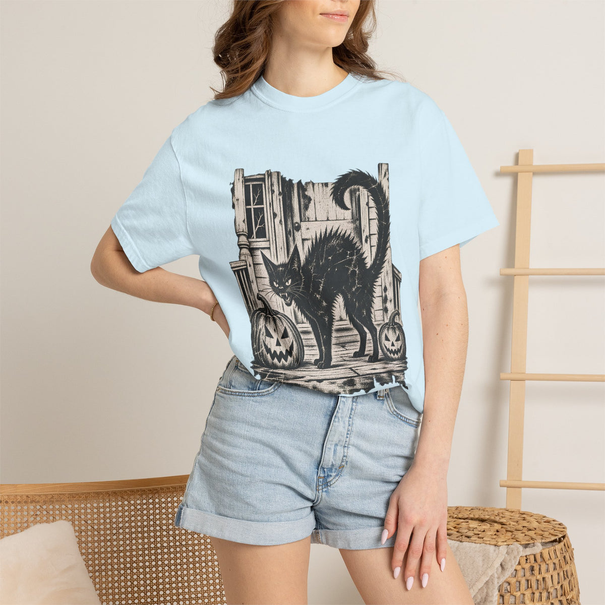 Comfort Colors® Vintage Black Cat Halloween T-Shirt, Spooky Cat Lover Gift, Retro Jack O Lantern Graphic Tee, Gothic Halloween Kitty Gift