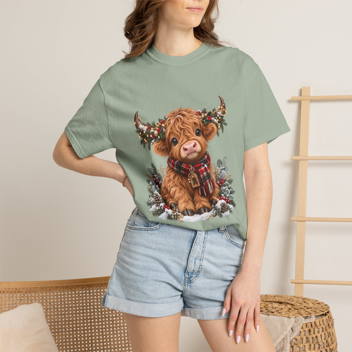 Comfort Colors® Cute Highland Cow Christmas T-Shirt, Festive Cow Lover Gift, Winter Farm Lover Gift, Christmas Farm Animal Gift