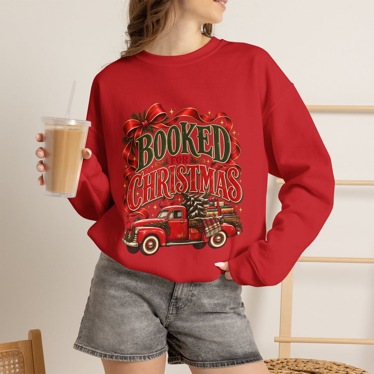 Booked for Christmas Sweatshirt, Book Lover Holiday Gift, Vintage Christmas Truck Graphic Sweatshirt, Cozy Reader Christmas Gift for Her