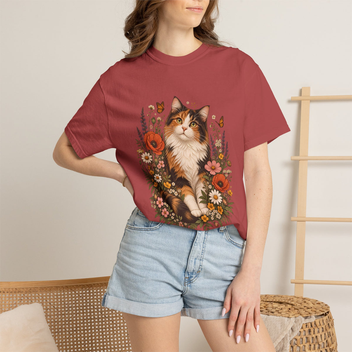 Comfort Colors® Calico Cat Wildflower T-Shirt, Floral Cat Lover Gift, Cottagecore Kitty Butterfly Graphic Tee, Vintage Garden Cat Mom Shirt