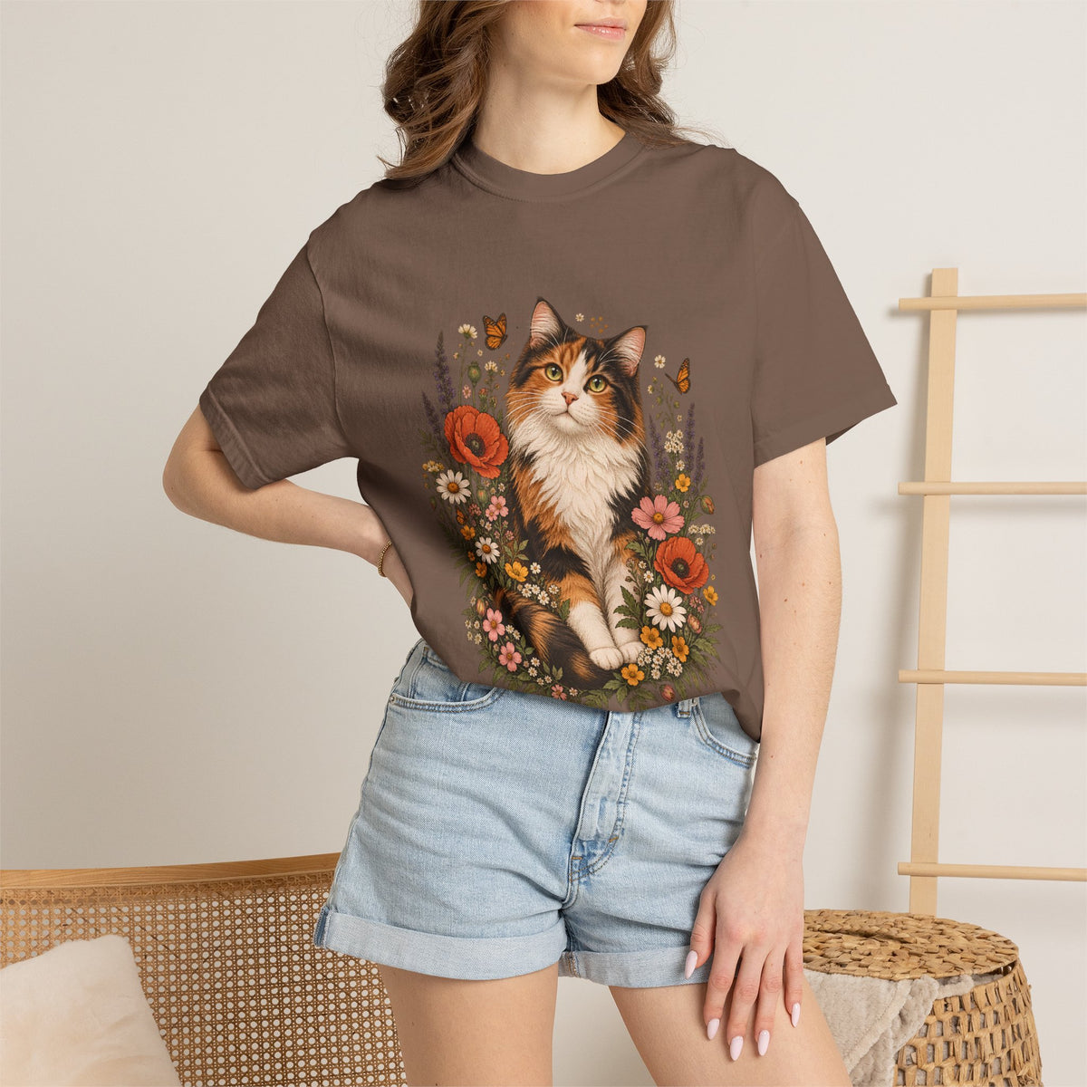 Comfort Colors® Calico Cat Wildflower T-Shirt, Floral Cat Lover Gift, Cottagecore Kitty Butterfly Graphic Tee, Vintage Garden Cat Mom Shirt