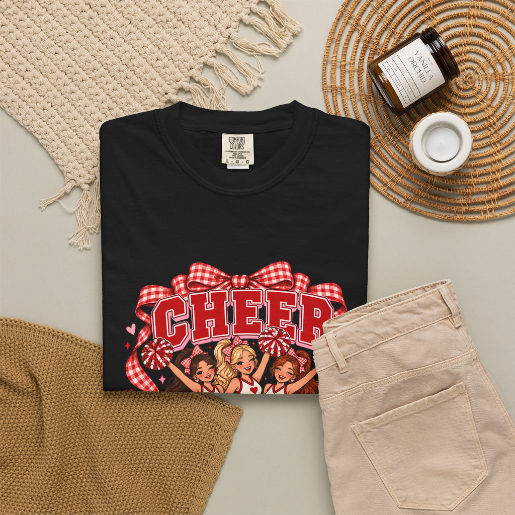Comfort Colors® Cheer Squad T-Shirt, Red Gingham Bow Cheerleader Gift, Cute Cheer Team Spirit Graphic Tee, Cheerleading Girls Coach Gift