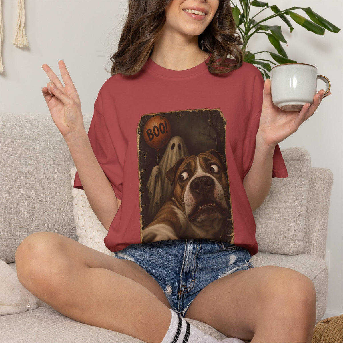 Comfort Colors® Boo Ghost Dog T-Shirt, Funny Halloween Bulldog Lover Gift, Scared Dog Spooky Season Gift, Vintage Pet Selfie Graphic Tee