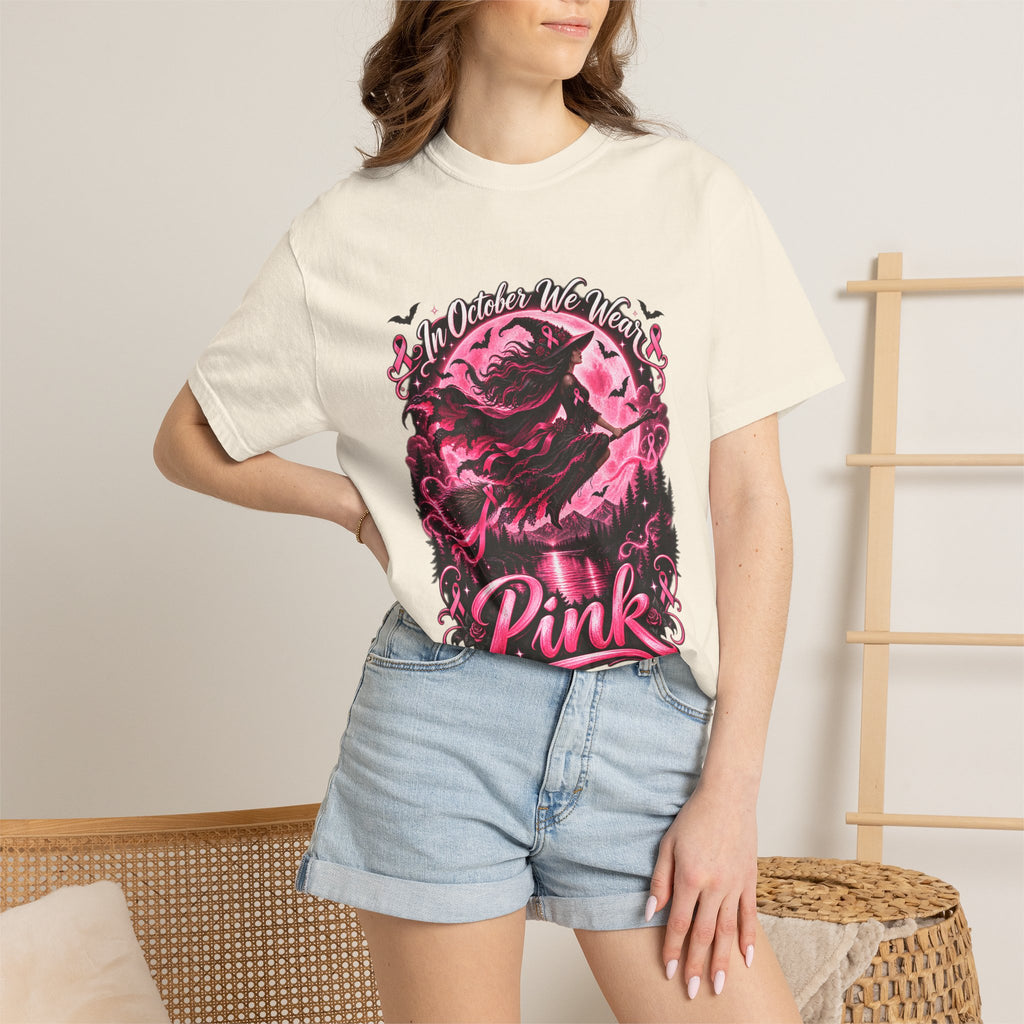 Comfort Colors® In October We Wear Pink T-Shirt, Breast Cancer Awareness Witch Gift, Pink Ribbon Halloween, Spooky Survivor Support Shirt