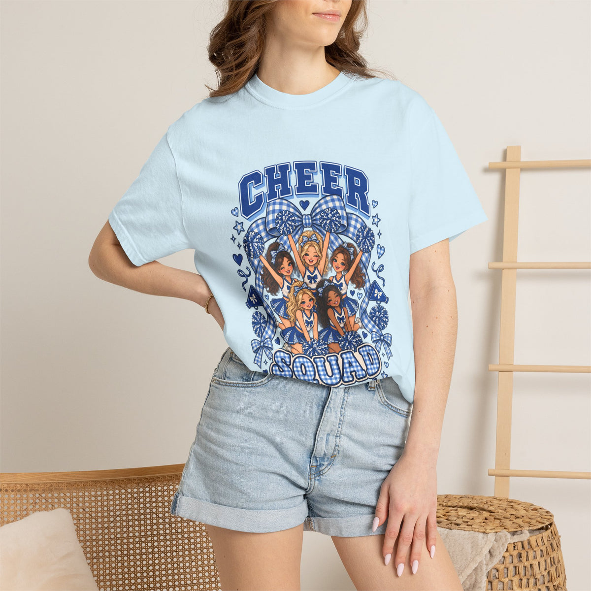 Comfort Colors® Cheer Squad T-Shirt, Blue Gingham Cheerleader Gift, Cheer Team Spirit Graphic Tee, Cute Cheerleading Girls Coach Gift