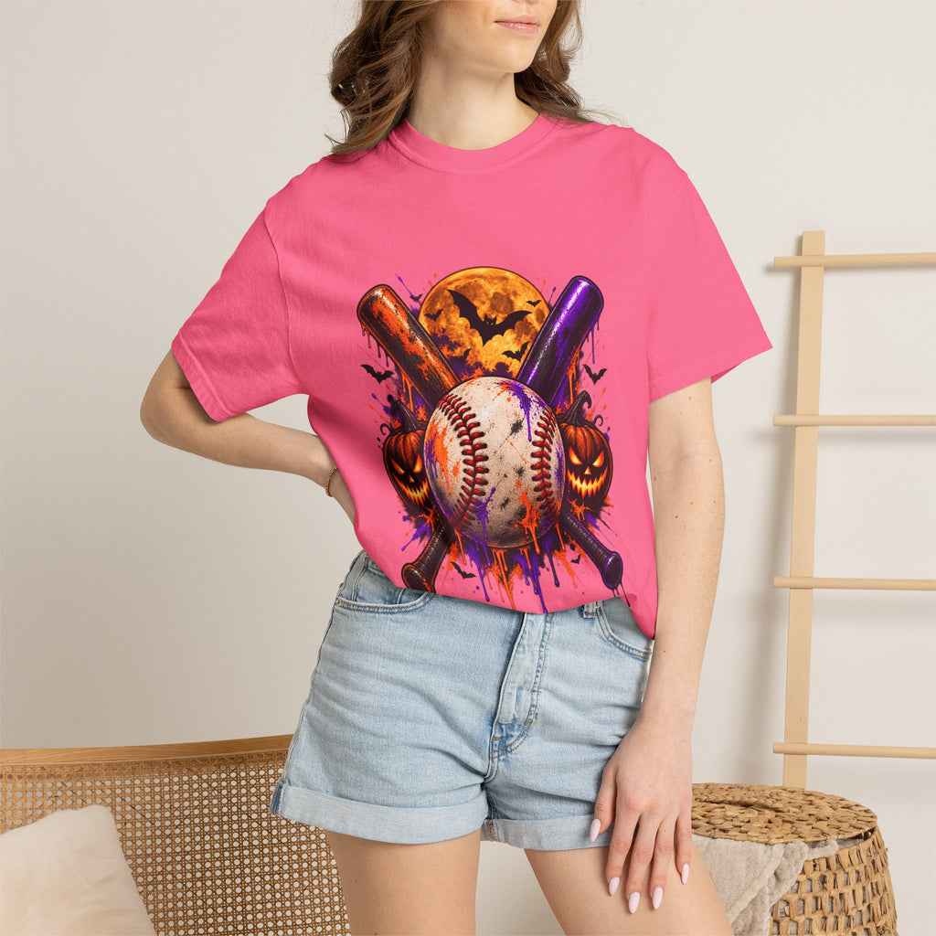 T-shirt de baseball Halloween Comfort Colors®, cadeau de joueur de baseball effrayant, t-shirt graphique pour amateur de baseball citrouille, t-shirt de fan de sport pour Halloween