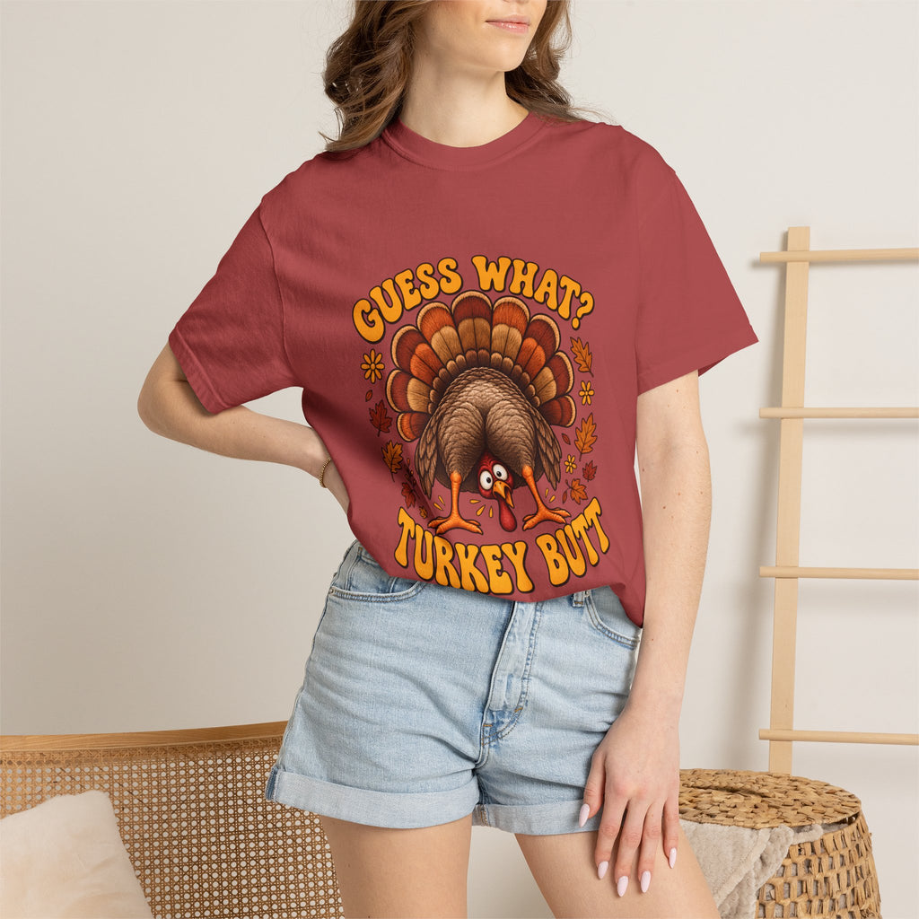 Camiseta Comfort Colors® "Guess What Turkey Butt", regalo divertido de Acción de Gracias con pavo, regalo retro con humor para la cena de otoño, camiseta gráfica familiar para Acción de Gracias