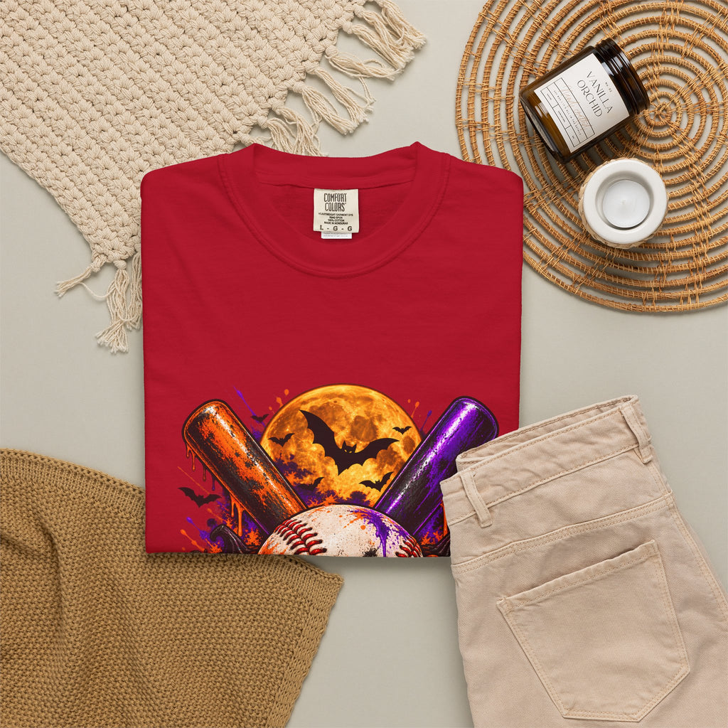 T-shirt de baseball Halloween Comfort Colors®, cadeau de joueur de baseball effrayant, t-shirt graphique pour amateur de baseball citrouille, t-shirt de fan de sport pour Halloween