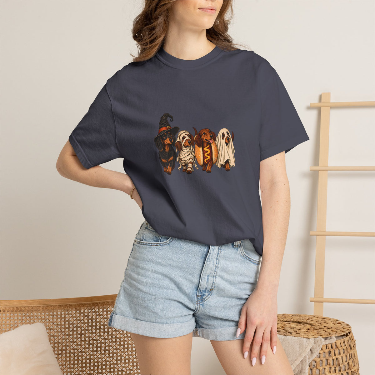 Comfort Colors® Halloween Dachshund T-Shirt, Spooky Wiener Dog Lover Gift, Cute Sausage Dog Costume Shirt, Doxie Halloween Pet Mom Shirt