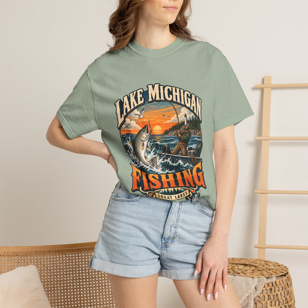 Comfort Colors® Lake Michigan Fishing T-Shirt, Great Lakes Angler Gift, Trout Fisherman Sunset Graphic Tee, Michigan Fishing Lover Shirt