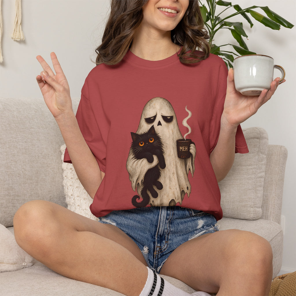 Comfort Colors® Meh Ghost Cat Coffee T-Shirt, Funny Halloween Cat Lover Gift, Sarcastic Spooky Coffee Gift, Grumpy Ghost Graphic Tee