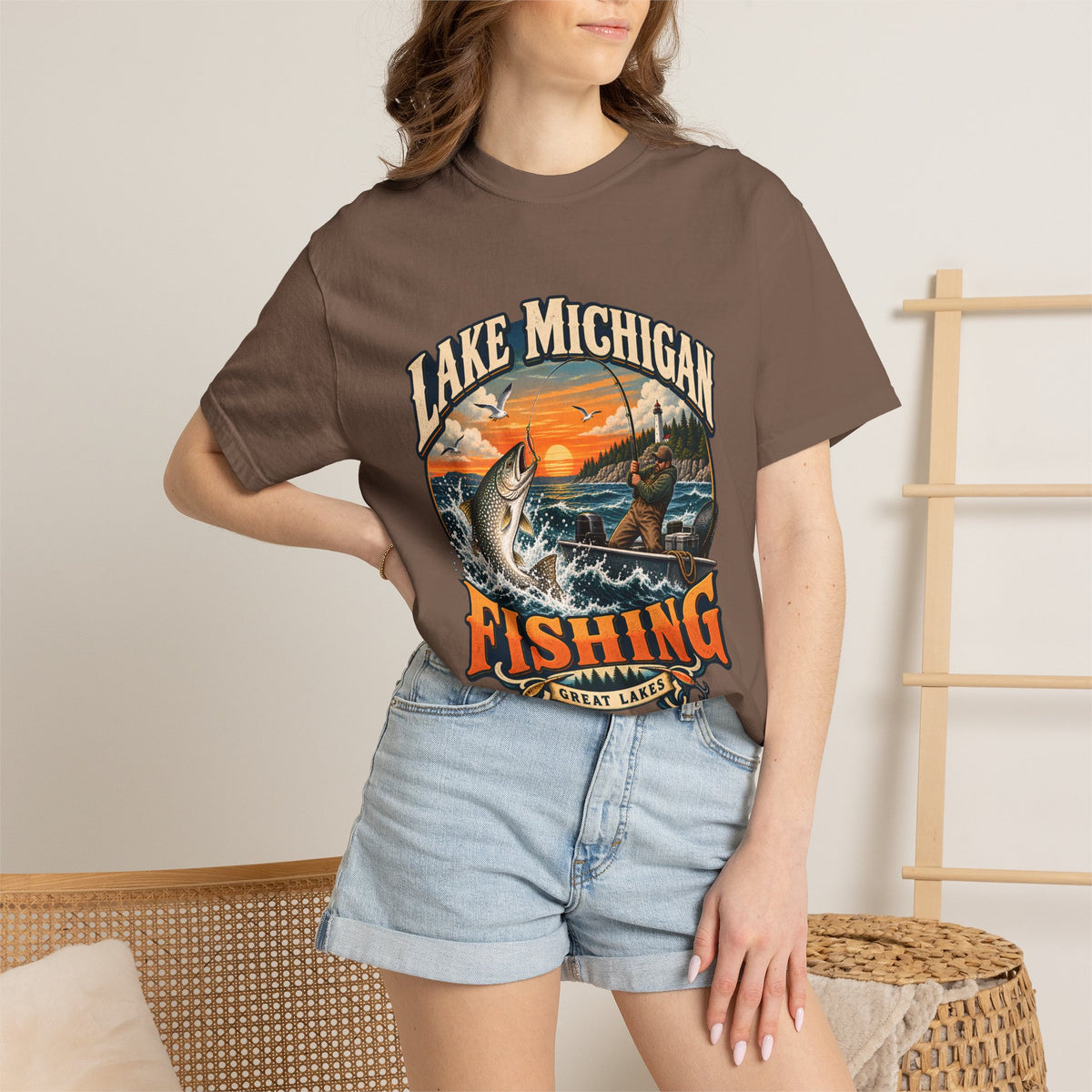 Comfort Colors® Lake Michigan Fishing T-Shirt, Great Lakes Angler Gift, Trout Fisherman Sunset Graphic Tee, Michigan Fishing Lover Shirt