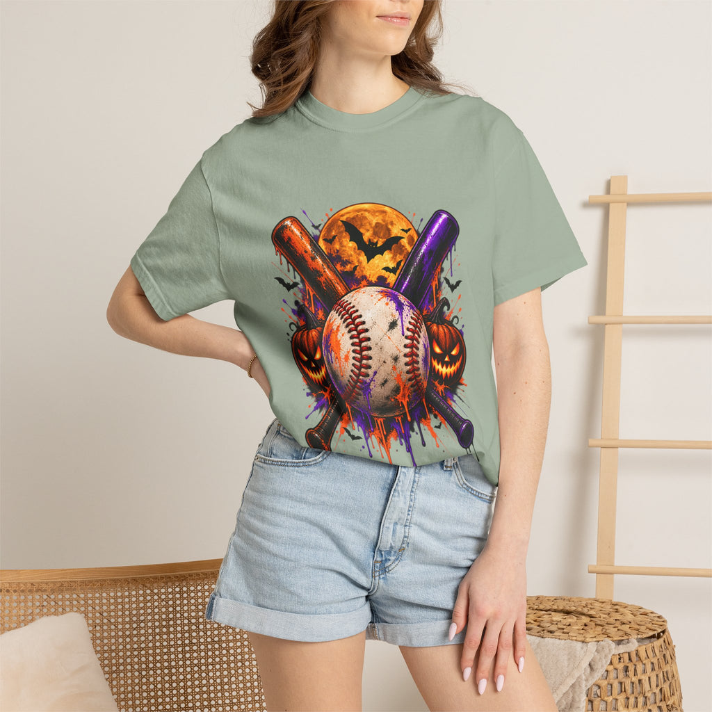 T-shirt de baseball Halloween Comfort Colors®, cadeau de joueur de baseball effrayant, t-shirt graphique pour amateur de baseball citrouille, t-shirt de fan de sport pour Halloween
