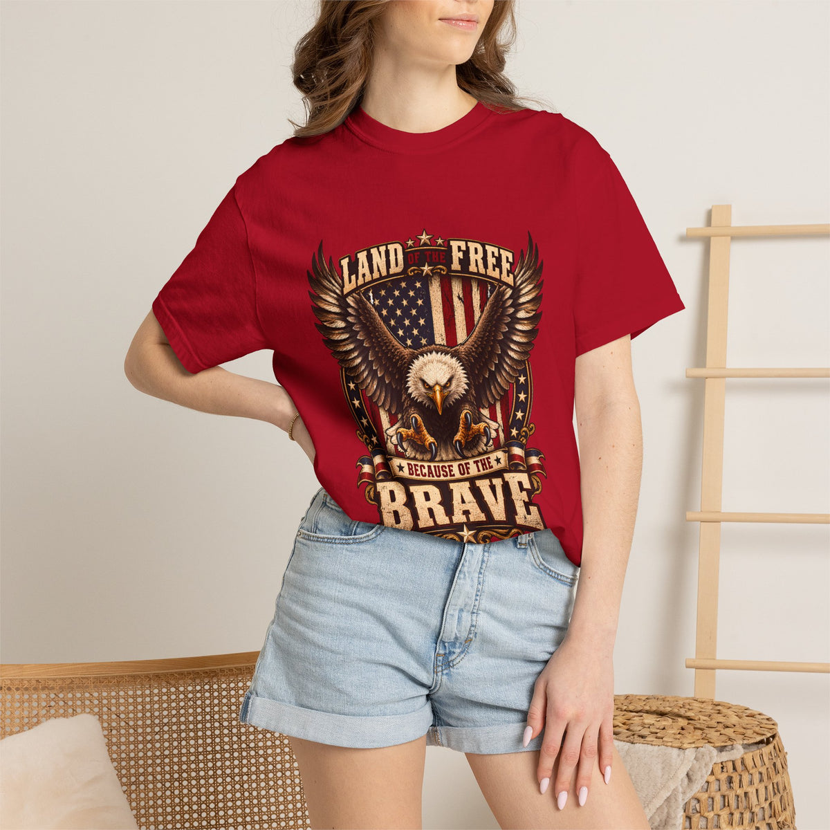 Comfort Colors® Land of the Free Because of the Brave T-Shirt, Patriotic Bald Eagle Gift, American Flag Veteran, Military Support Shirt