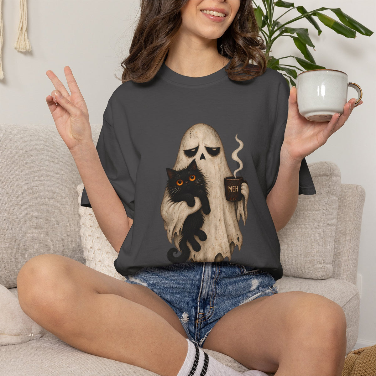 Comfort Colors® Meh Ghost Cat Coffee T-Shirt, Funny Halloween Cat Lover Gift, Sarcastic Spooky Coffee Gift, Grumpy Ghost Graphic Tee