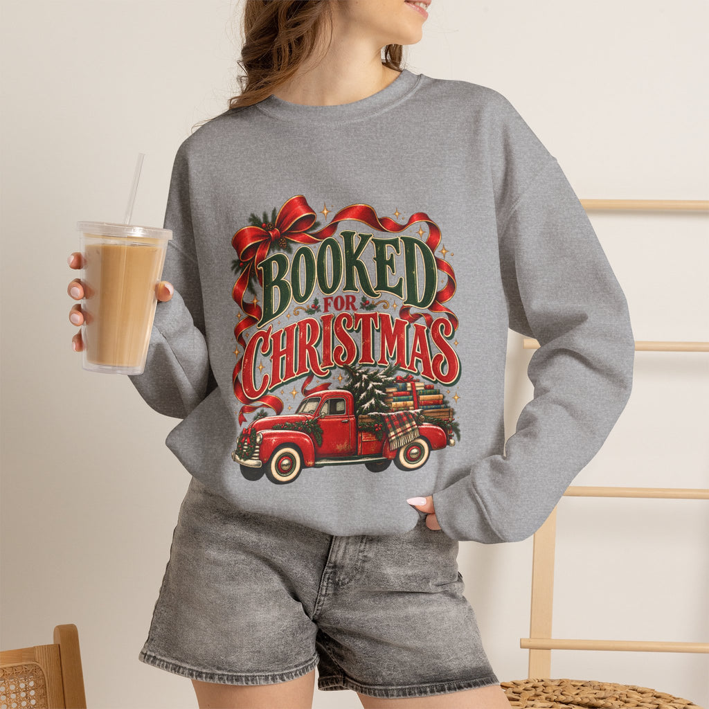 Booked for Christmas Sweatshirt, Book Lover Holiday Gift, Vintage Christmas Truck Graphic Sweatshirt, Cozy Reader Christmas Gift for Her