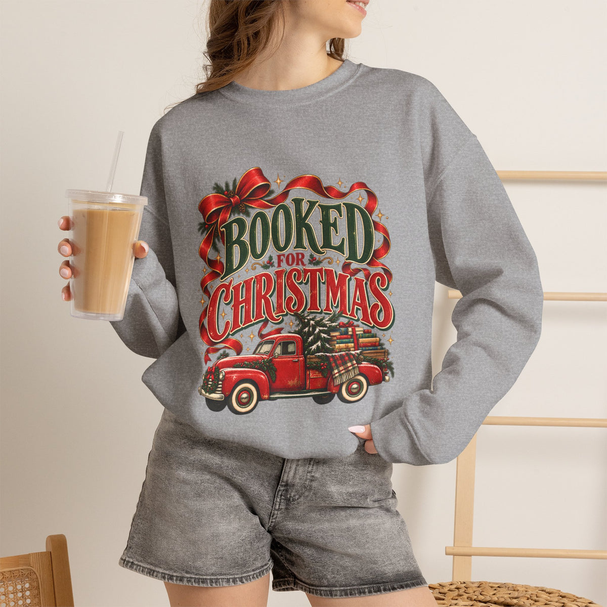 Booked for Christmas Sweatshirt, Book Lover Holiday Gift, Vintage Christmas Truck Graphic Sweatshirt, Cozy Reader Christmas Gift for Her