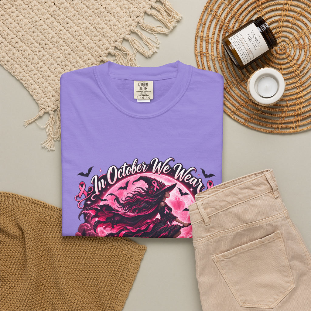 Comfort Colors® In October We Wear Pink T-Shirt, Breast Cancer Awareness Witch Gift, Pink Ribbon Halloween, Spooky Survivor Support Shirt