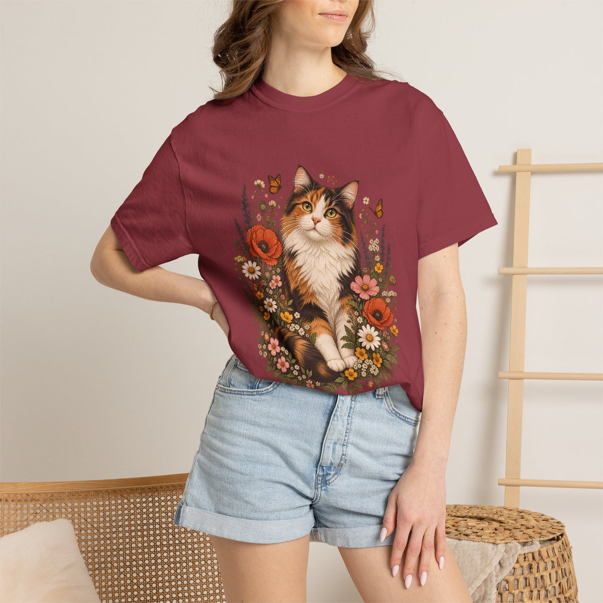 Comfort Colors® Calico Cat Wildflower T-Shirt, Floral Cat Lover Gift, Cottagecore Kitty Butterfly Graphic Tee, Vintage Garden Cat Mom Shirt