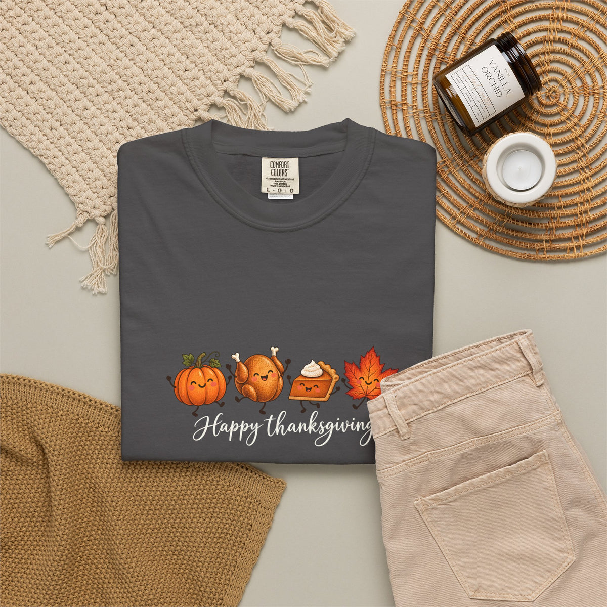 Comfort Colors® Happy Thanksgiving T-Shirt, Cute Turkey Pumpkin Lover Gift, Kawaii Fall Food Gift, Autumn Family Dinner Graphic Tee
